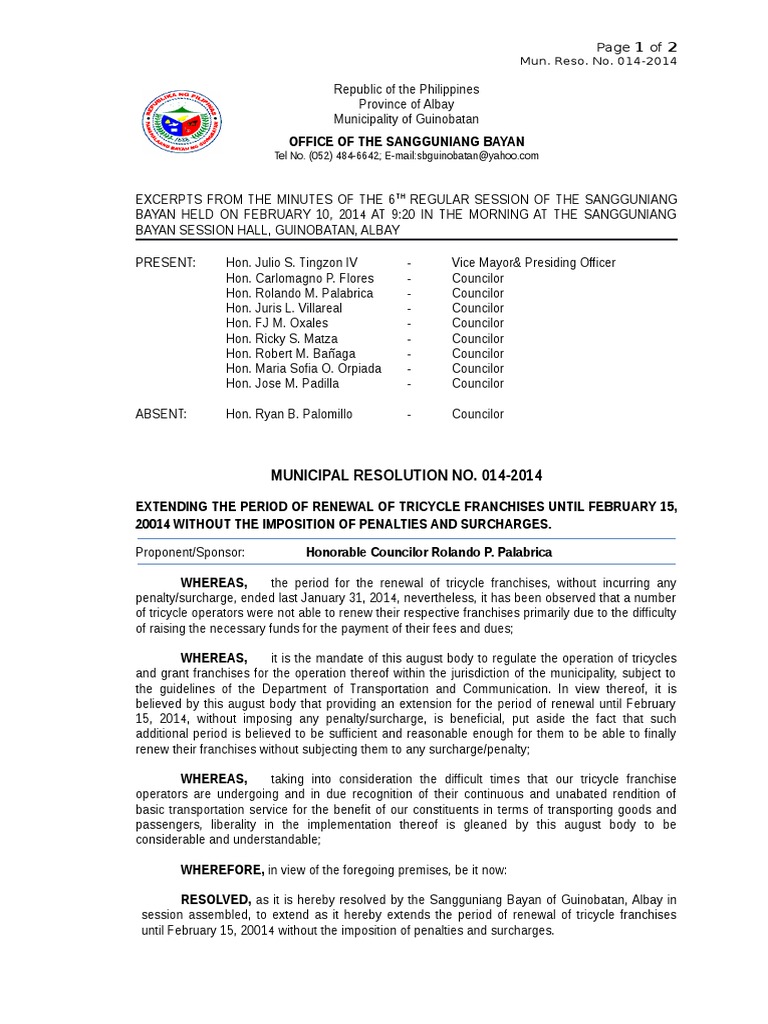 0142014 Extension of Period of Renewal of Tricycle Franchise PDF