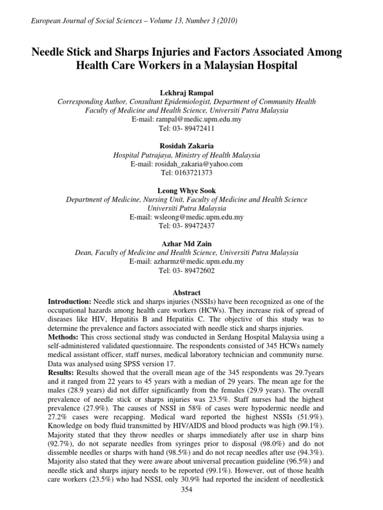 Needle Stick and Sharps Injuries Ejss_13!3!03 Infection Control Medicine