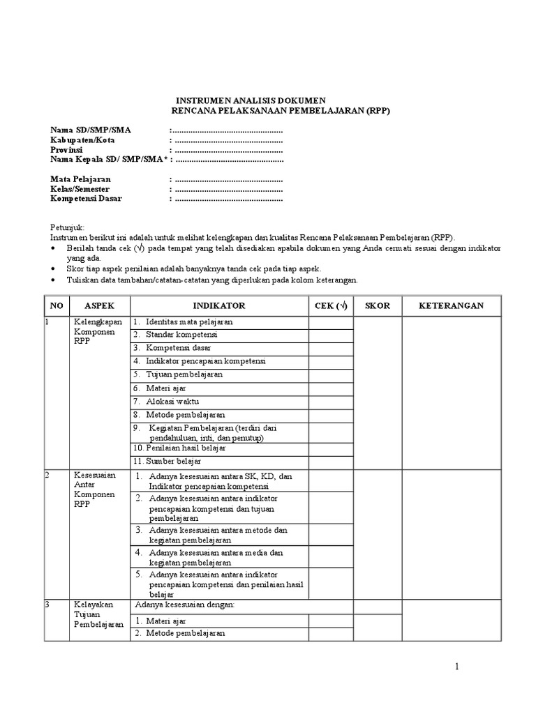 Instrumen Penilaian Dokumen Rpp