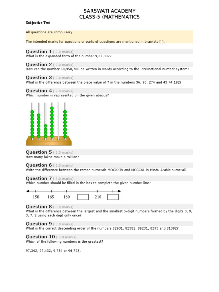 Class 5 Mathematics Subjective Test | PDF