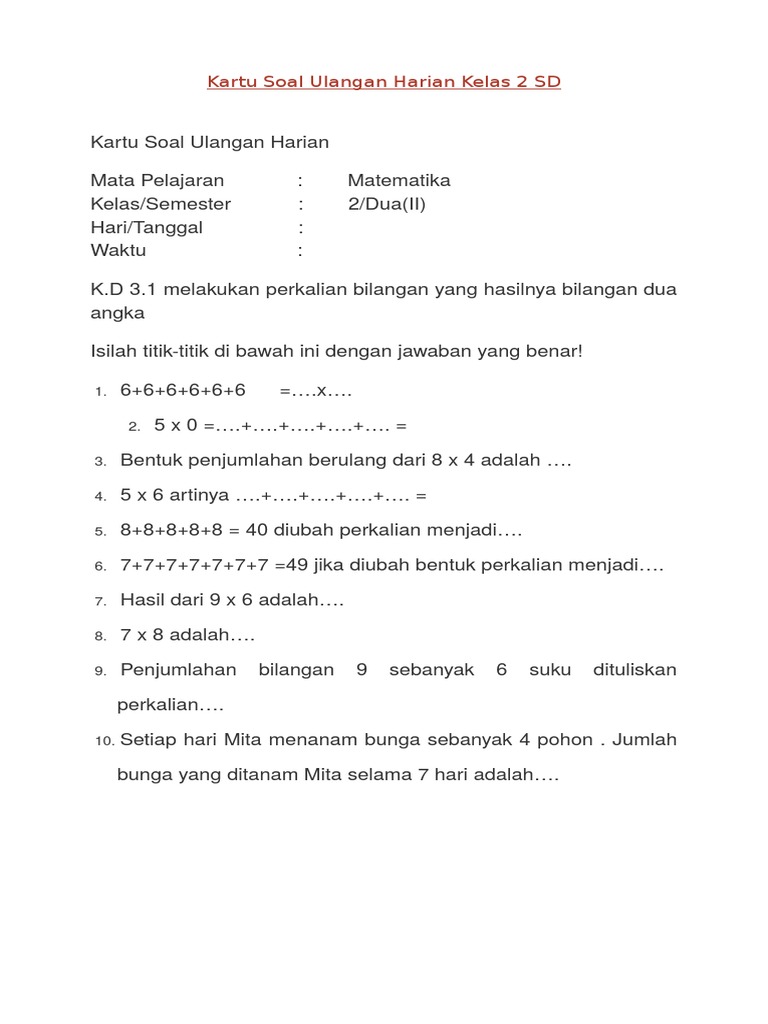 Kartu Soal Ulangan Harian Kelas 2 Sd Pdf