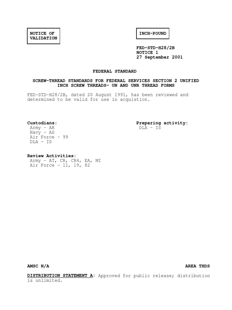 FED-STD-H28/2B, Dated 20 August 1991, Has Been Reviewed and Determined ...
