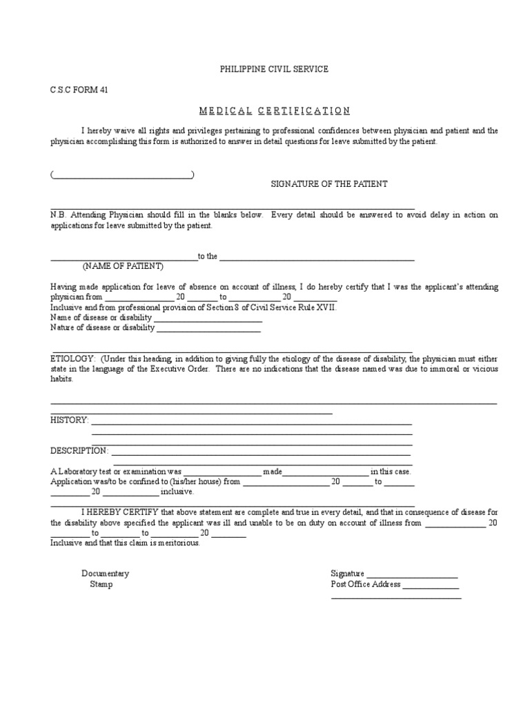 Civil Service Form 41 Medical Certificate | PDF