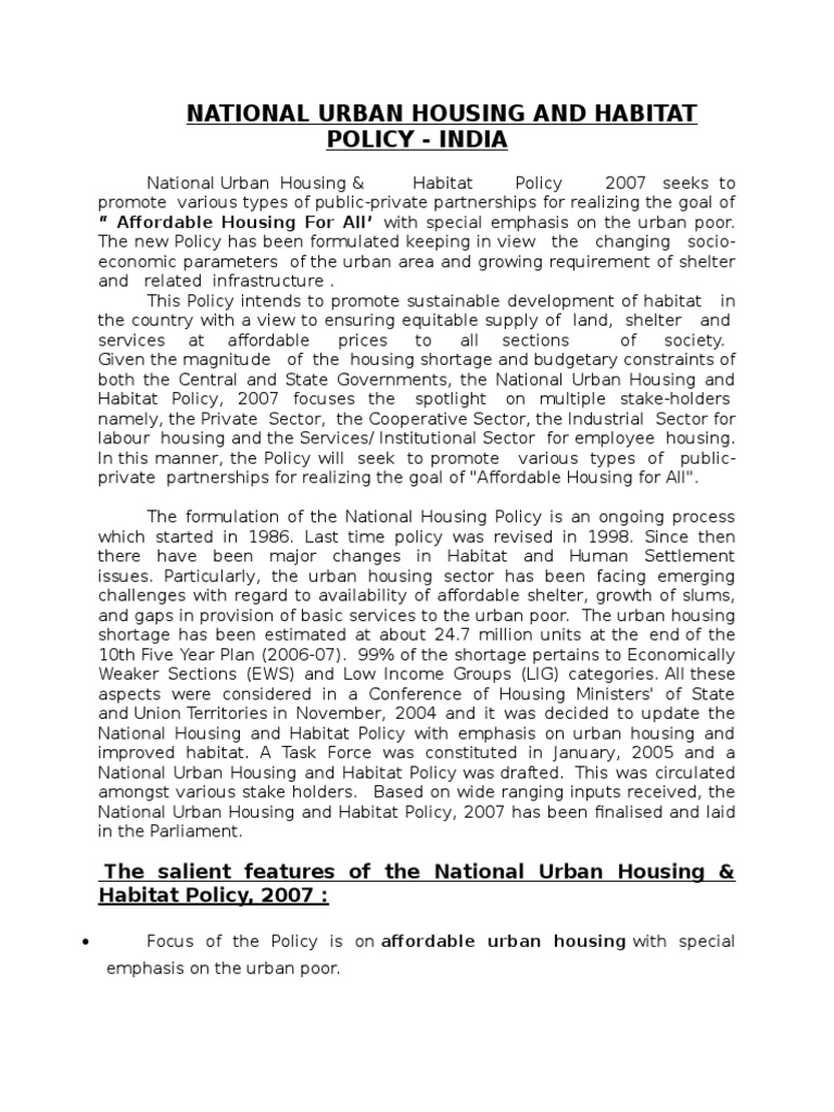 National Urban Housing and Habitat Policy | PDF | Affordable Housing