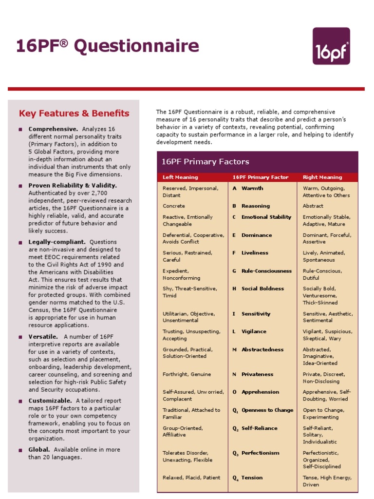 16PF Questionnaire Datasheet PDF Behavioural Sciences Psychology