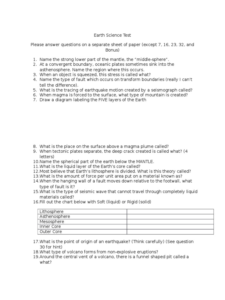 Earth Science Test No Answers | PDF | Plate Tectonics | Earthquakes
