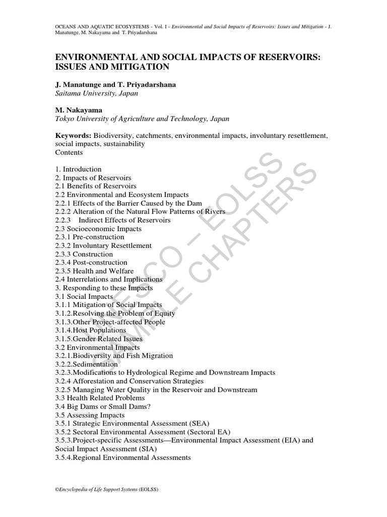 Environmental and Social Impacts of Reservoirs PDF Reservoir