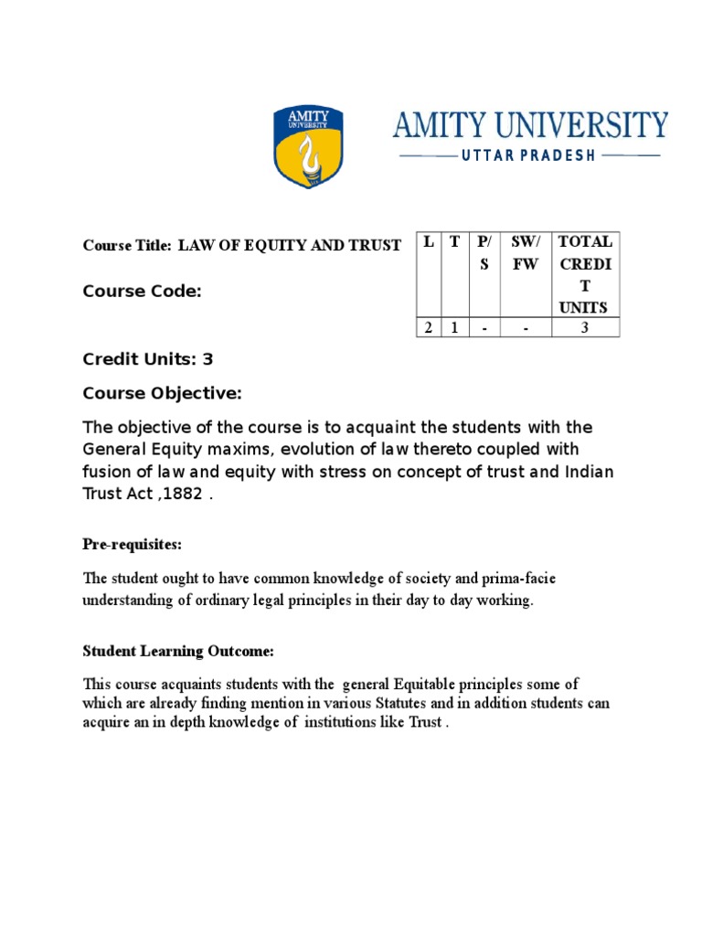 Law of Equity and Trust Syllabus | PDF | Equity (Law) | Trust Law