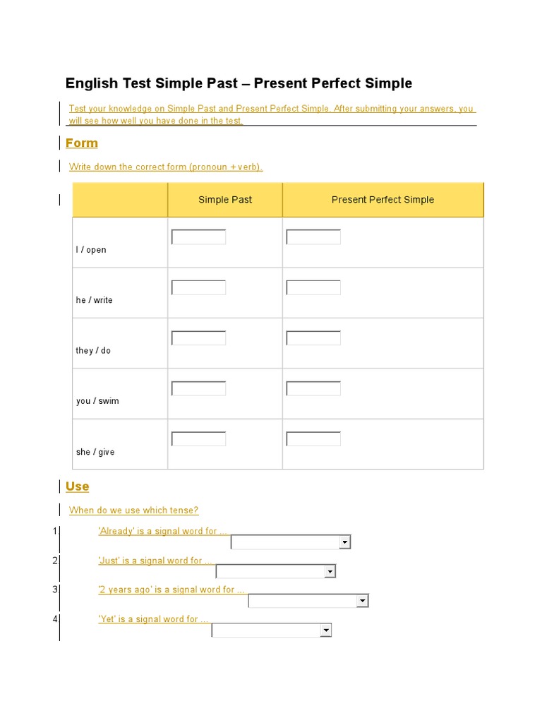 Simple Past vs Present Perfect Test | PDF