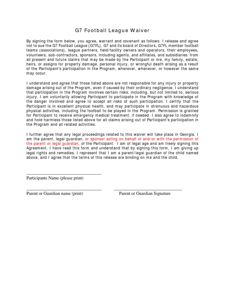 G7 Football LeagueWaiver | PDF