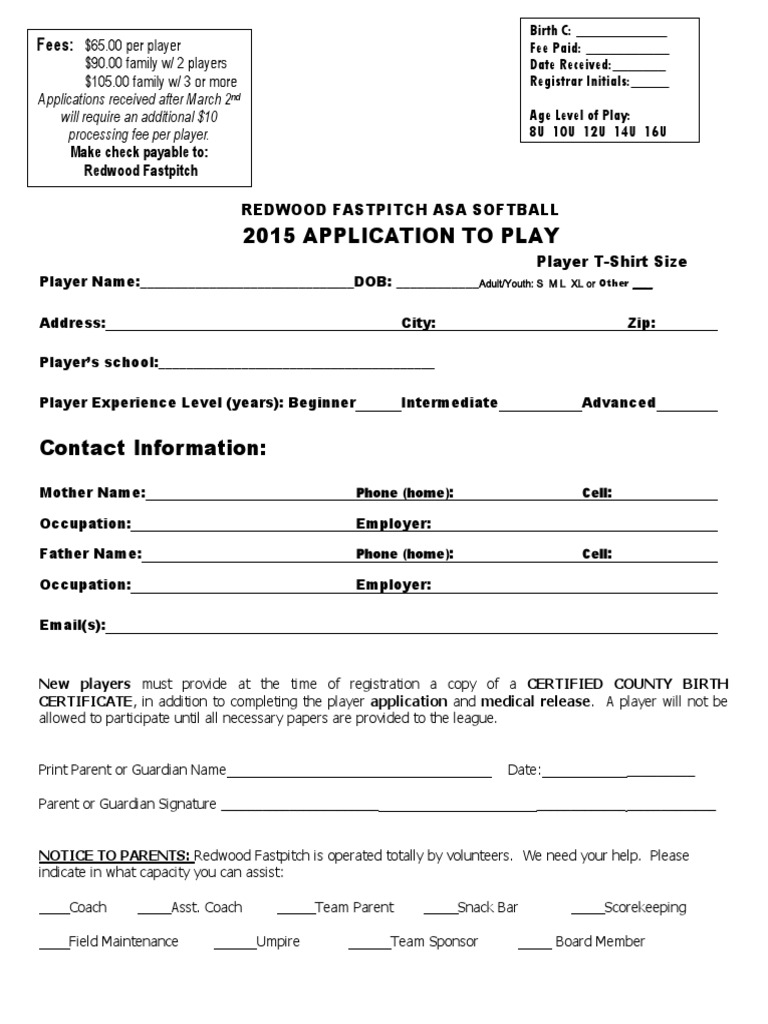Redwood Fastpitch 2015 Player Application | PDF | Sports & Recreation