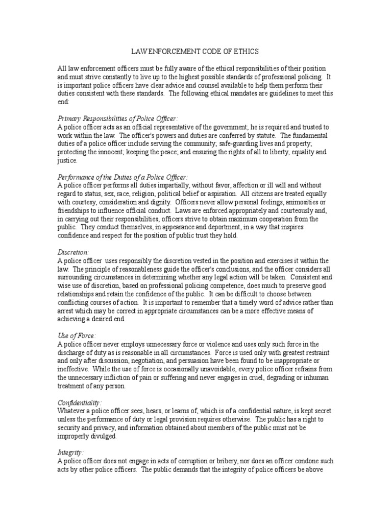Law Enforcement Code Of Ethics Police Officer Discretion