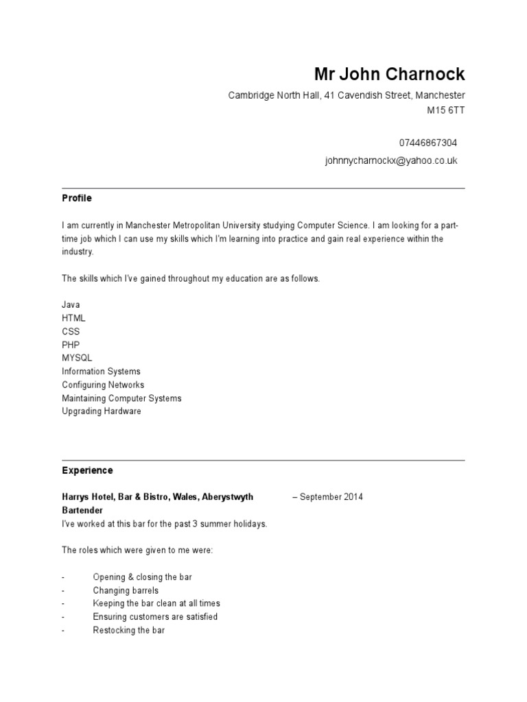Computer Science Student CV Manchester | PDF