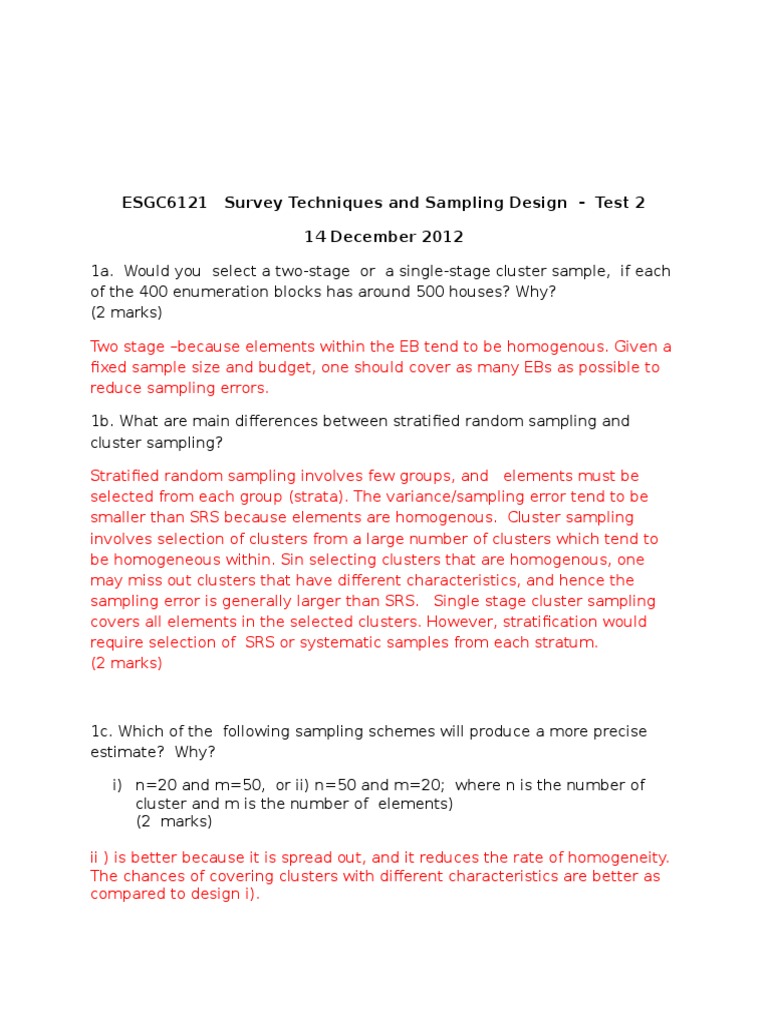 Survey Techniques and Sampling Design Test | PDF | Stratified Sampling ...