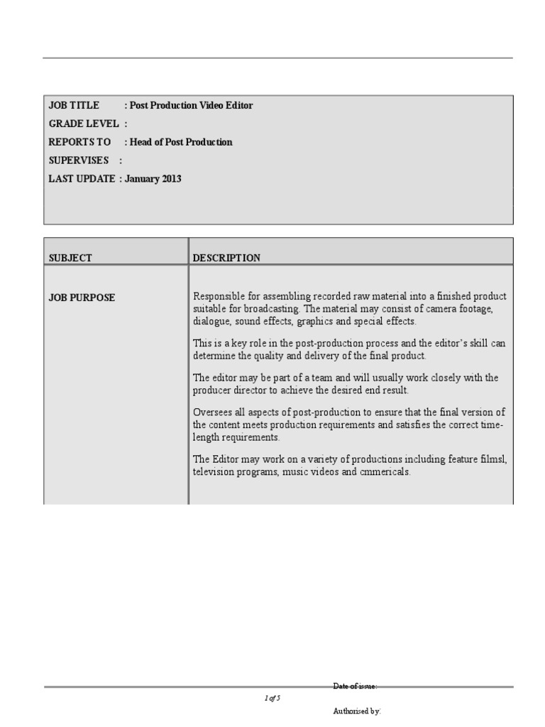 Post Production Video Editor Job Description PDF Video Cognitive Science