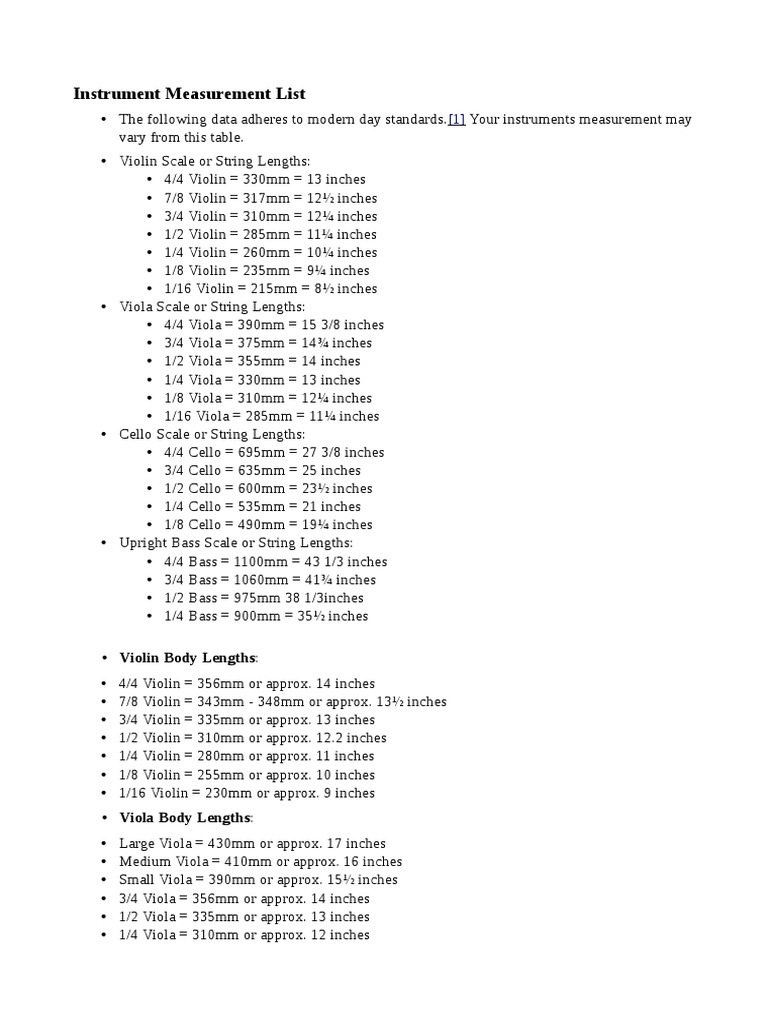 String Instrument Size Measurements | PDF | Cello | Double Bass