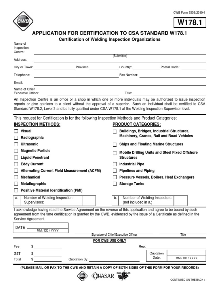CWB Certification Application for W178.1 | PDF | Indemnity | Social ...