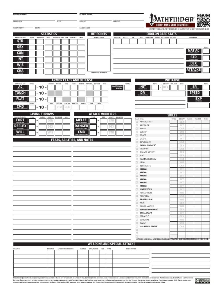 Pathfinder Eidolon Character Sheet Tabletop Games Role Playing Games