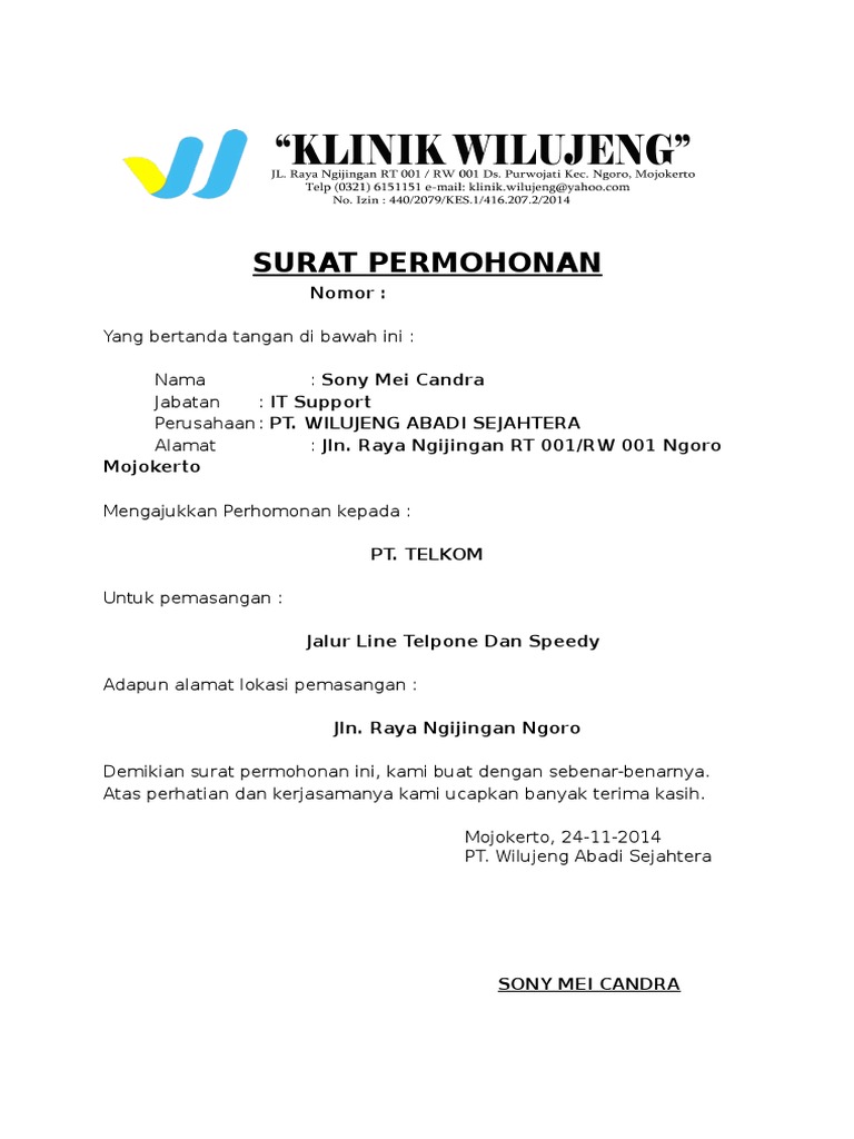 Surat Permohonan Pasang Speedy Pdf