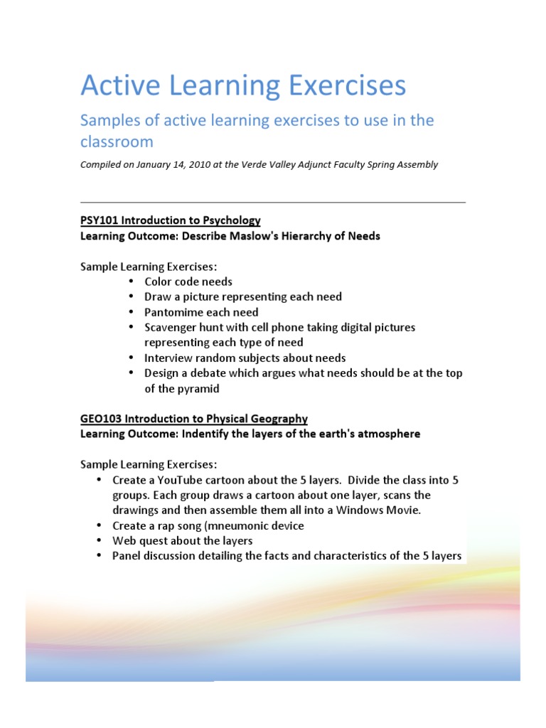 Active Learning Ideas From YC Spring 2010 Adjunct Faculty Meeting | PDF ...