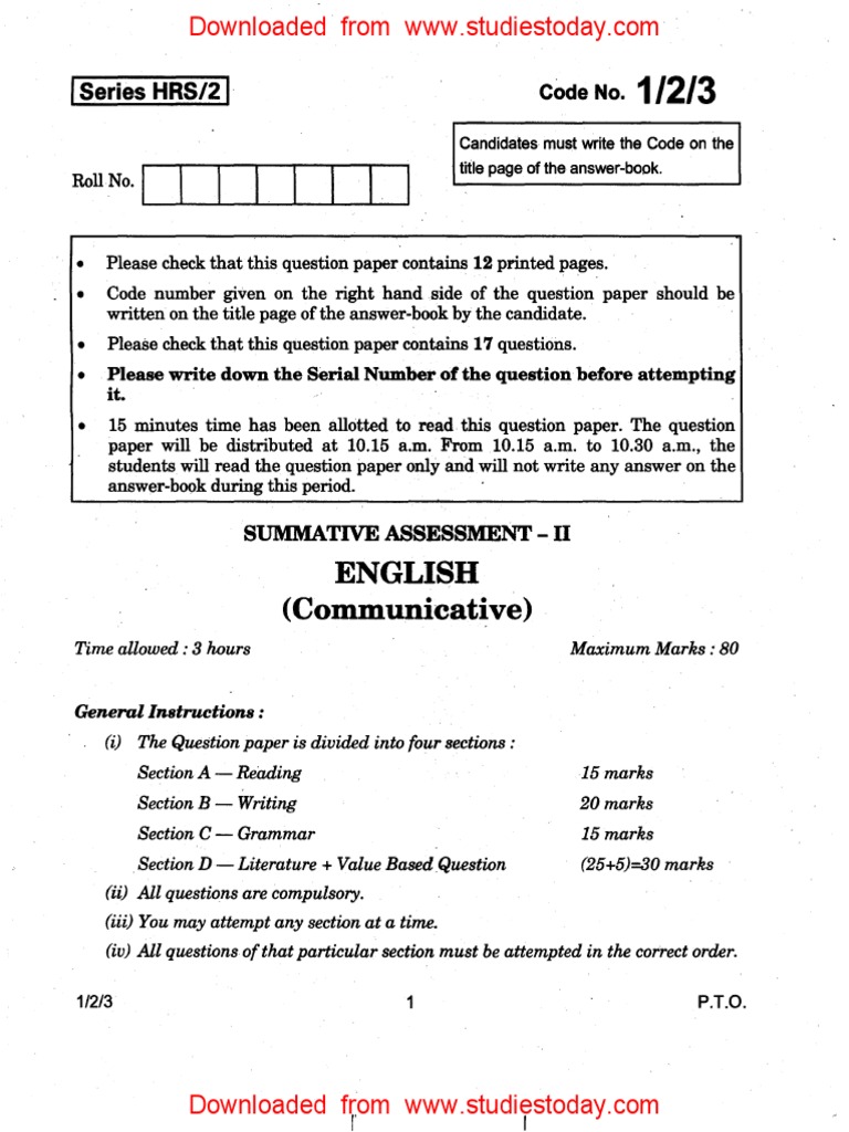 CBSE Class 10 English Question Paper SA2 2014