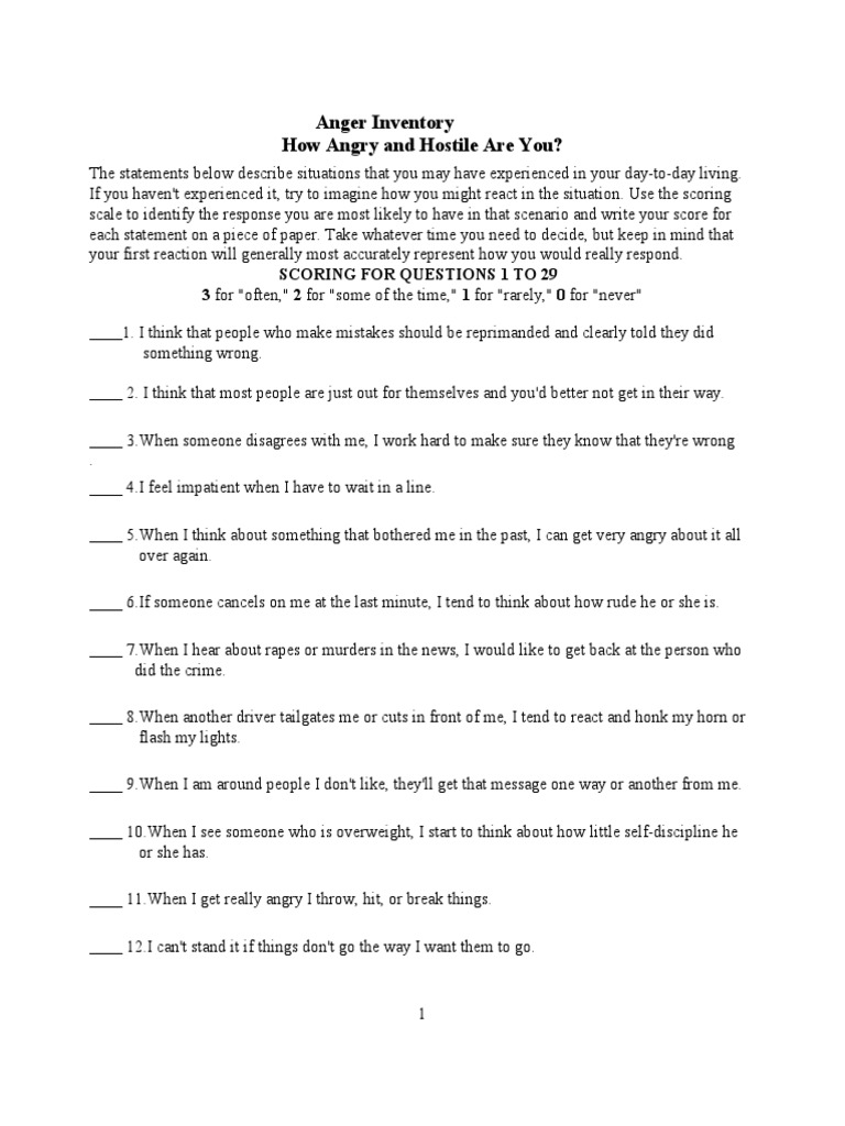 Anger Inventory How Angry and Hostile Are You? | PDF | Anger ...