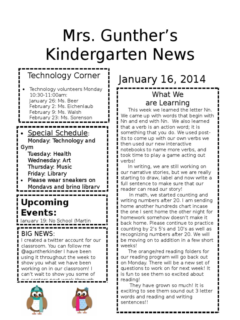 Mrs. Gunther's Kindergarten News: January 16, 2014 | PDF