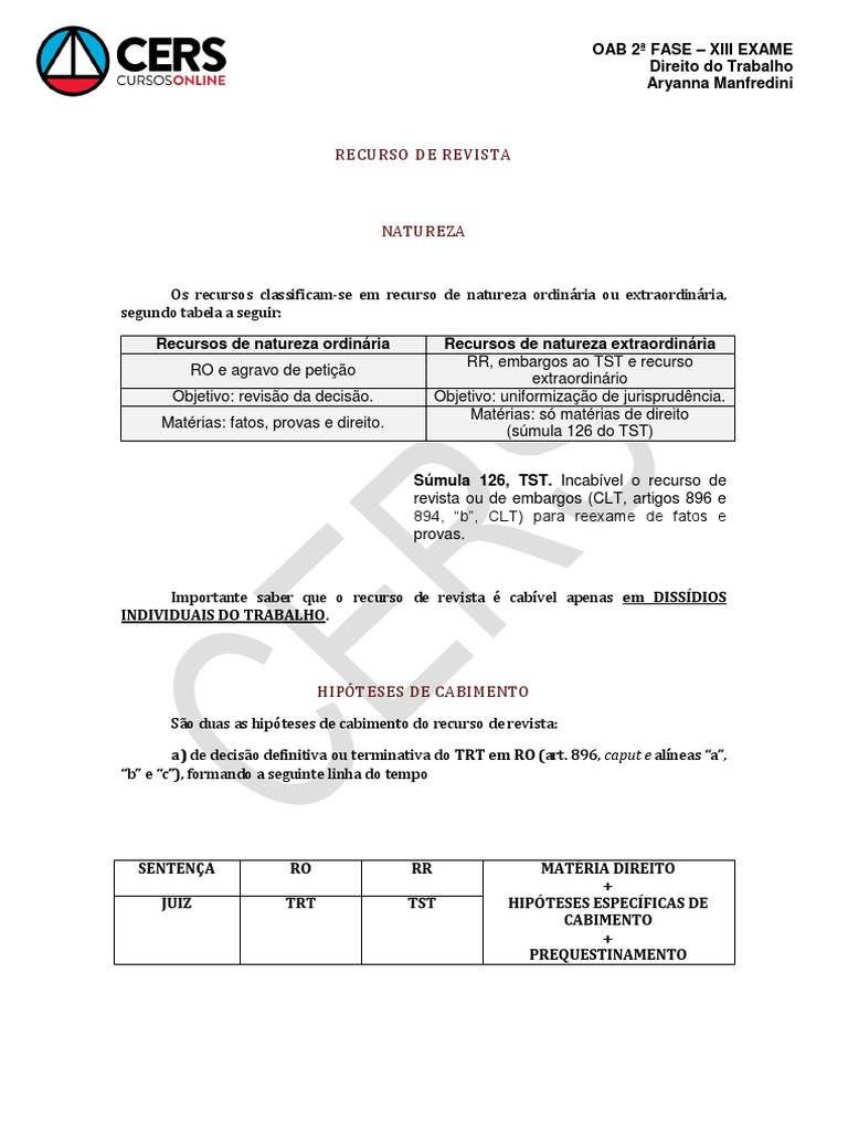 Cabimento do Recurso de Revista Trabalhista | PDF | Jurisprudência ...
