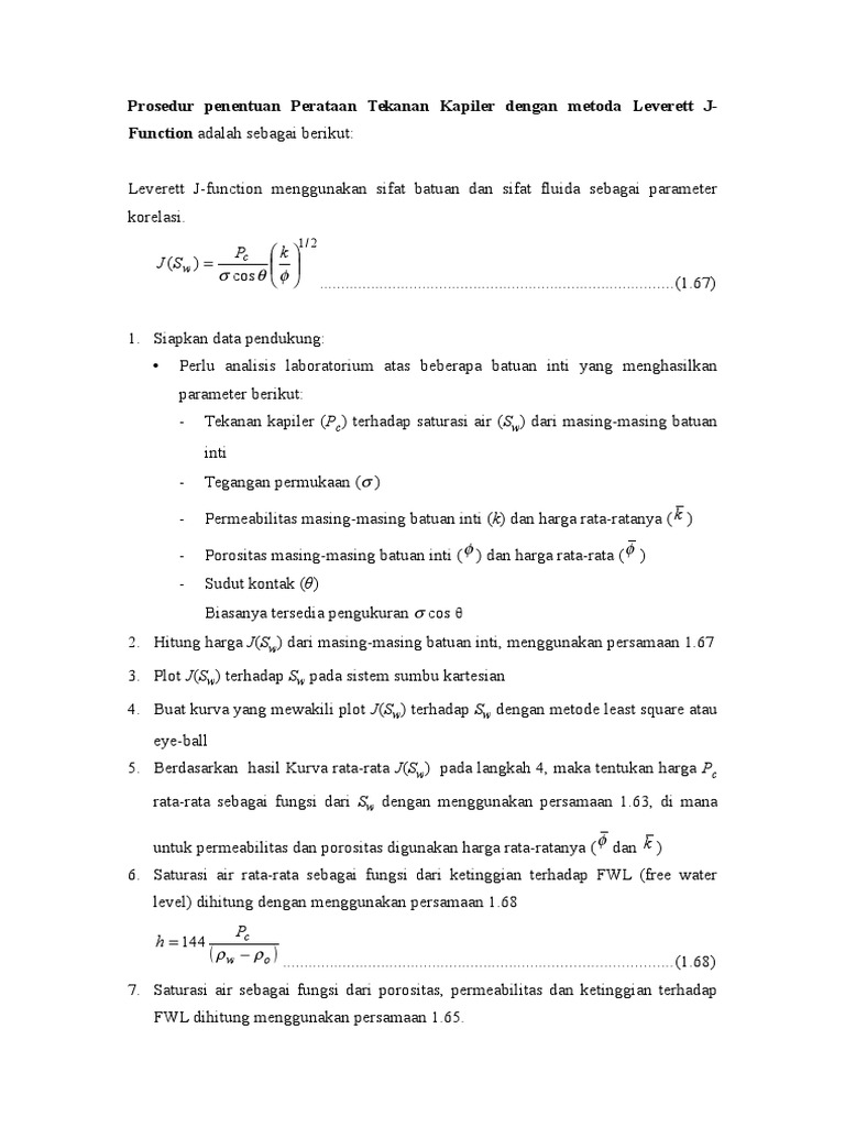 Prosedur Penentuan Perataan Tekanan Kapiler Dengan Metoda Leverett J ...