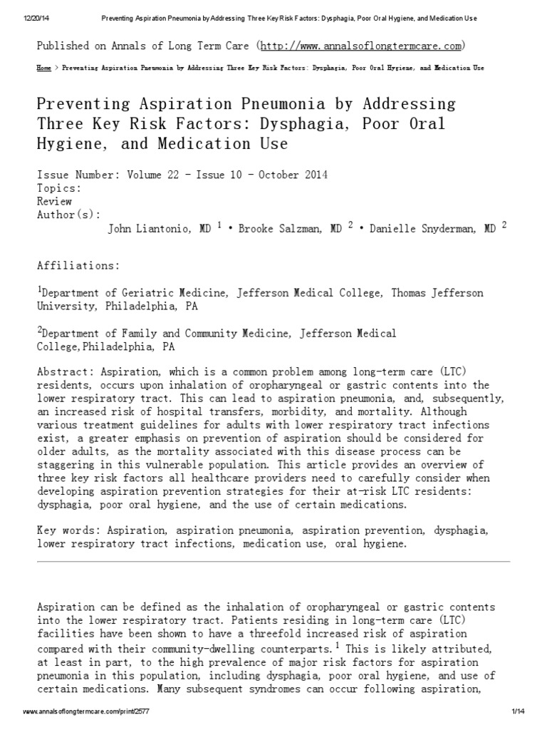 Preventing Aspiration Pneumonia by Addressing Three Key Risk Factors