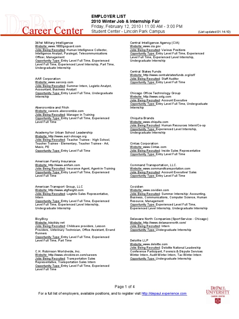 2010 Winter Job & Internship Fair List | PDF | Career & Growth | Computers