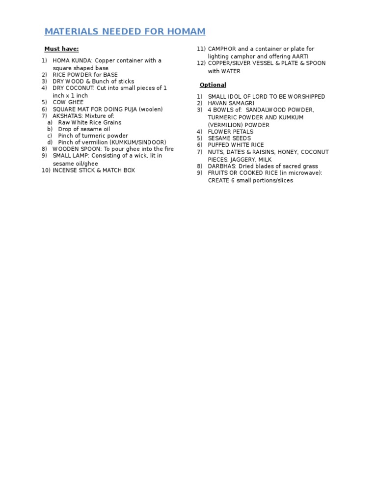 Materials & Preparation For Homam | PDF