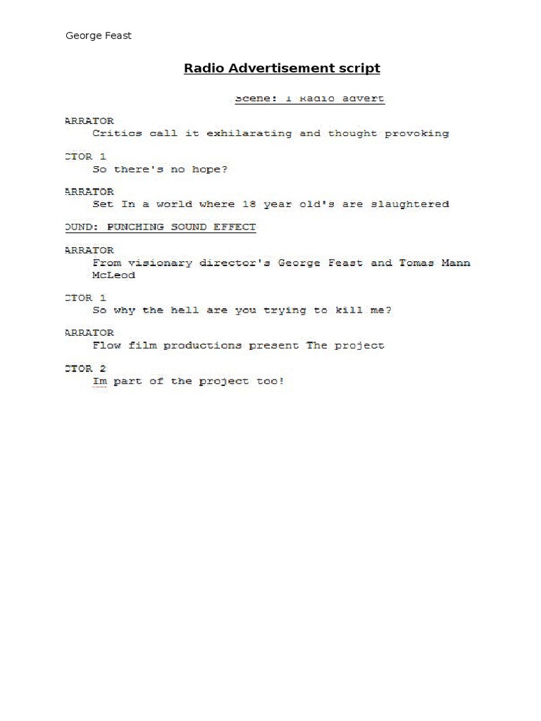 Radio Advertisement Script by George Feast | PDF