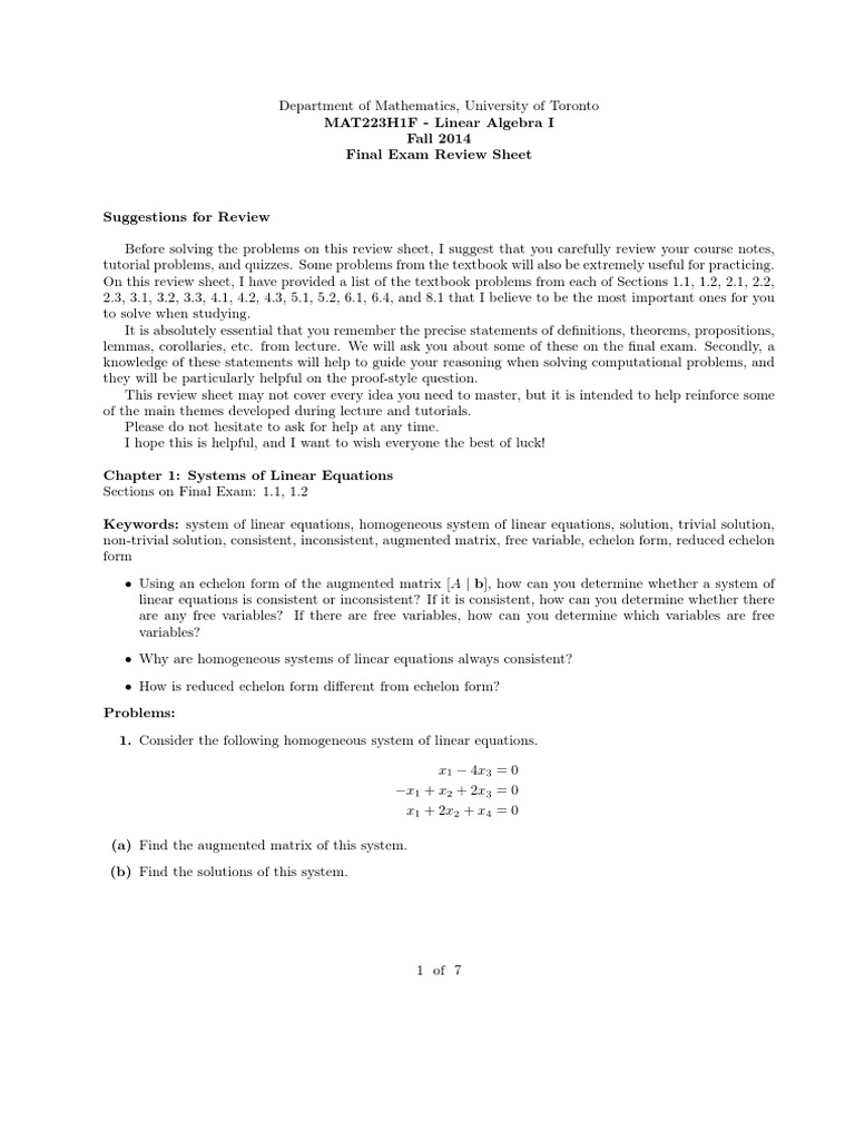 MAT223 Final Exam Review Guide | PDF | Eigenvalues And Eigenvectors ...