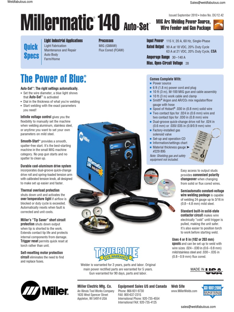 Millermatic 140 Spec Sheet Welding Electrical Components
