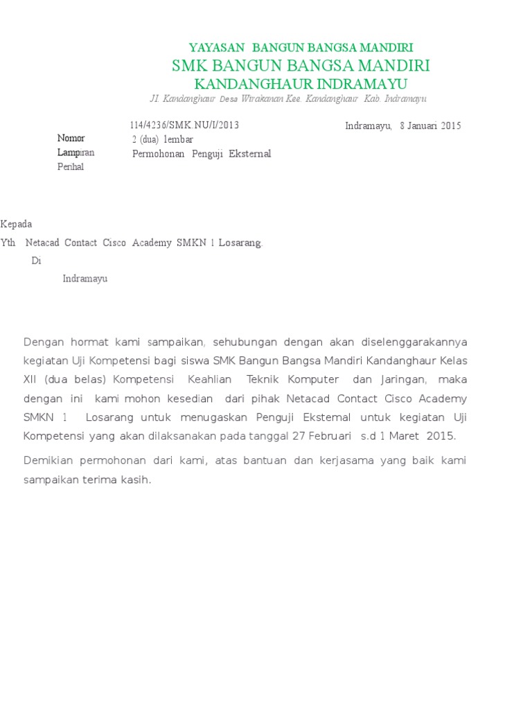 Surat Permohonan Penguji Eksternal Uji Kompetensi SMK NU KARANGANYAR