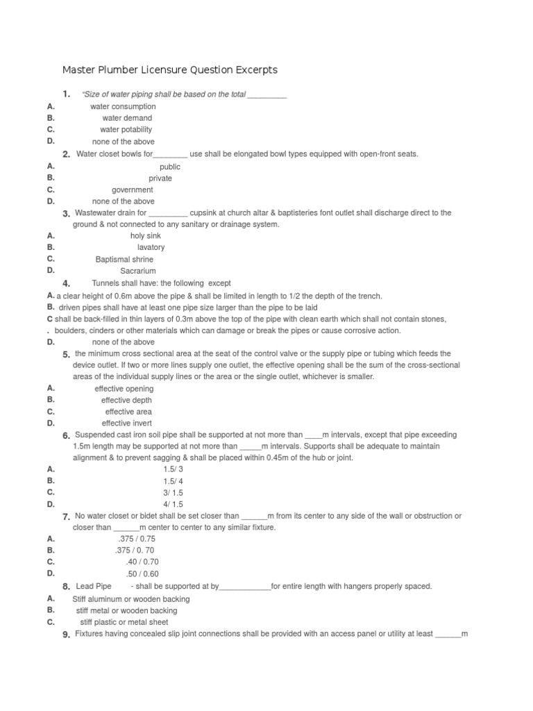 Master Plumber Exam Questions Overview | PDF | Plumbing | Pipe (Fluid ...