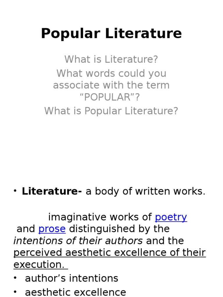 Popular Literature.- InTRO | Aesthetics | Genre