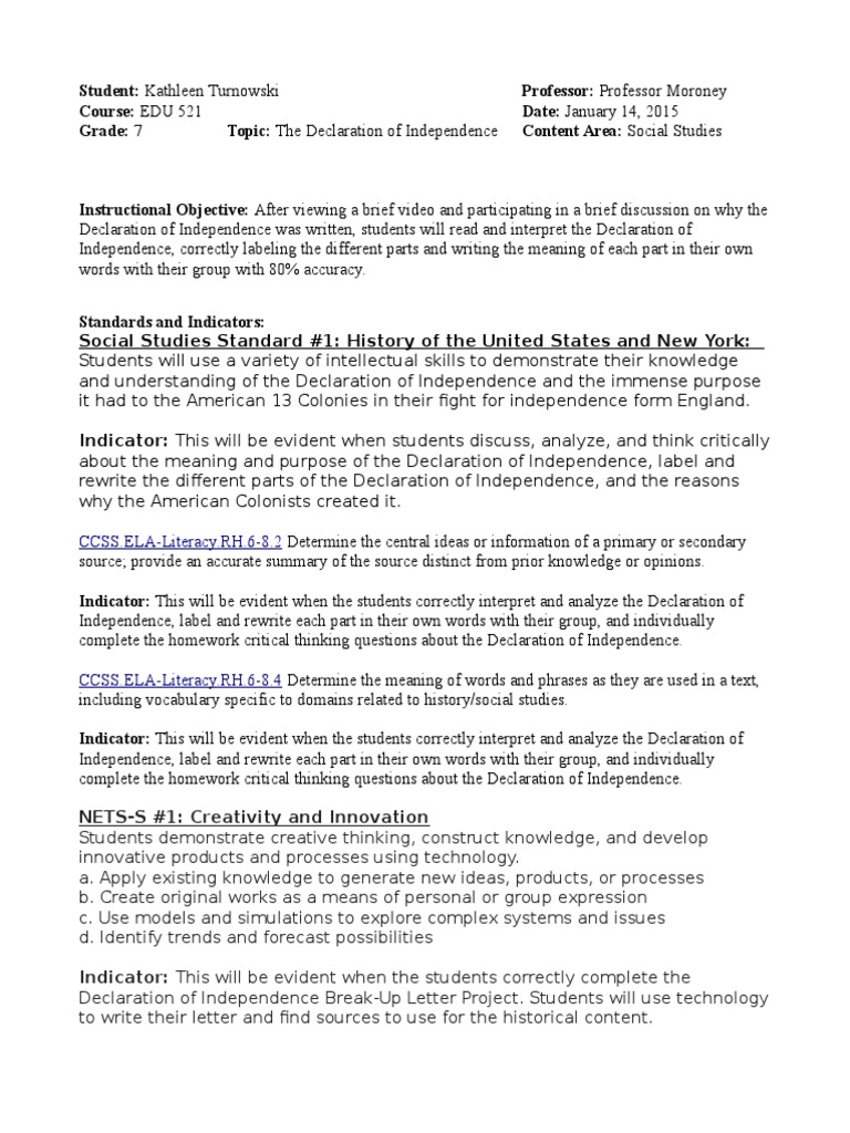 edu521 declaration of independence lesson plan United States