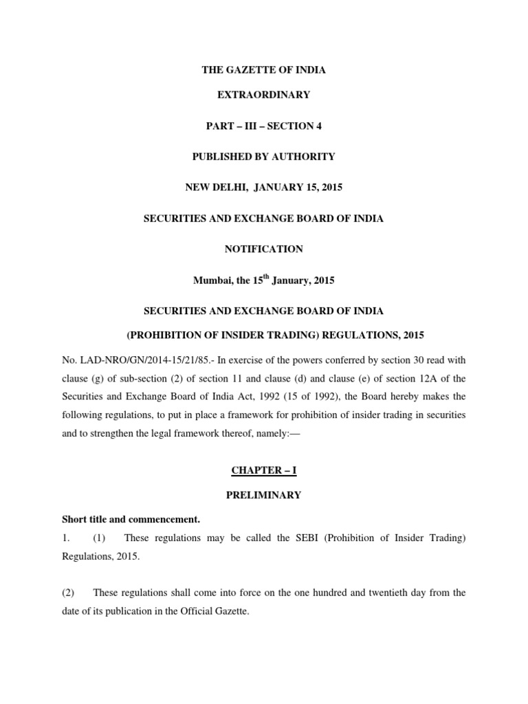 SEBI Insider Trading Regulations 2015 | PDF | Information Sensitivity ...