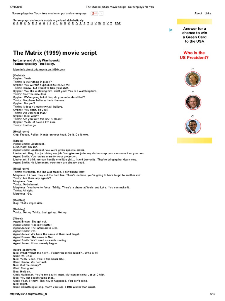 The Matrix (1999) Movie Script Nature