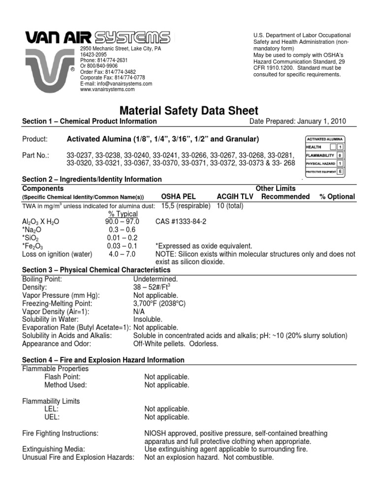 Activated Aluminum Oxide Desicant MSDS Occupational Safety And Health
