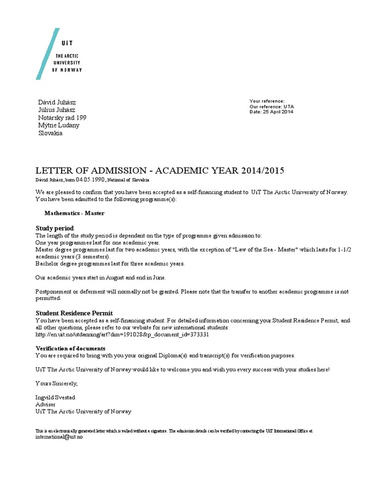 UiT Admission Letter for Master's Program | PDF