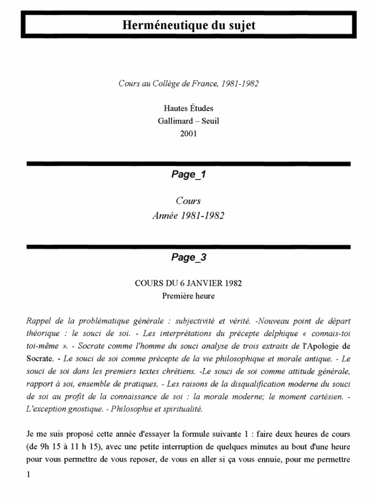 L’Hermeneutique du sujet Amazon.com: L'Herméneutique du sujet. Cours au Collège de