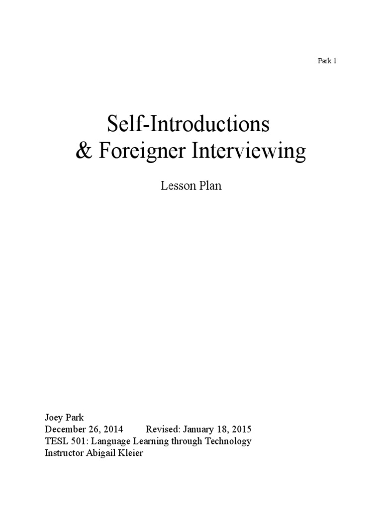 ESL Lesson Plan: Self-Introductions | PDF | English As A Second Or ...