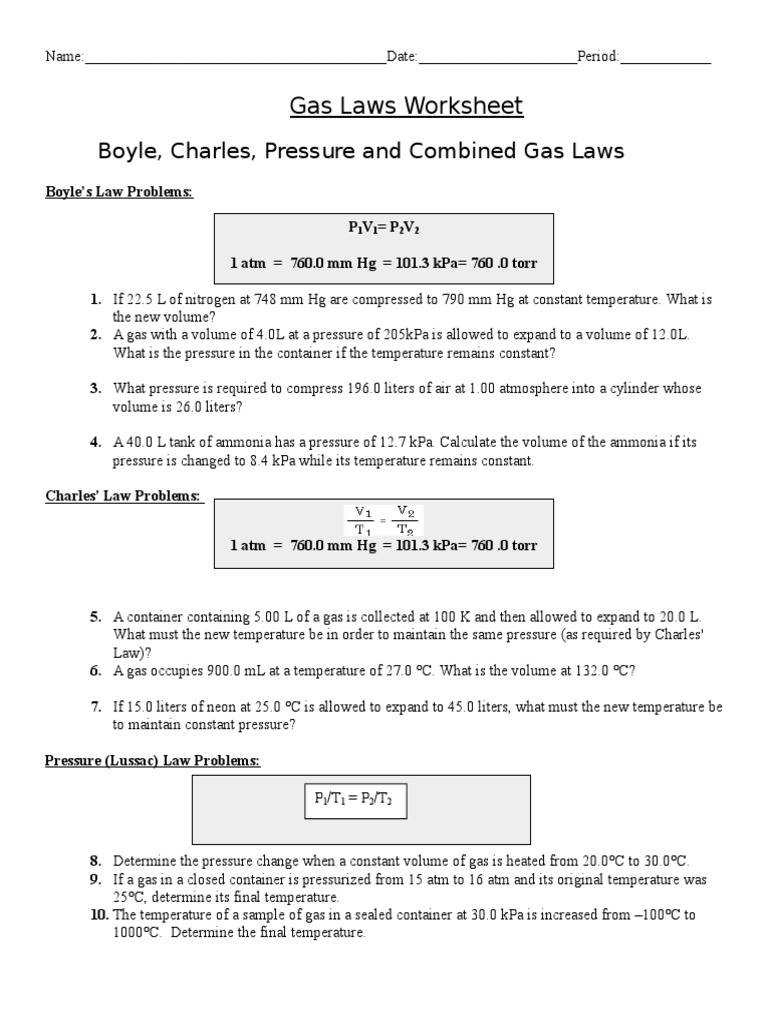Honor Chemistry Gas Laws Pressure Conversion Worksheet Chart Answers