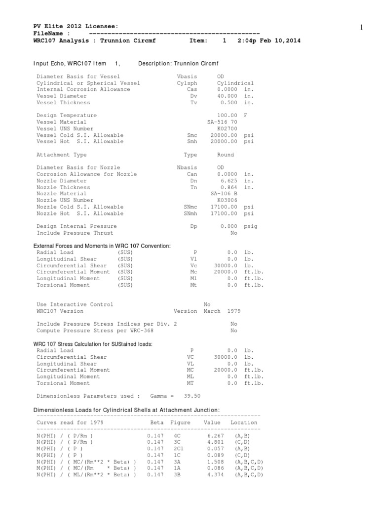 PV Elite 2012 Licensee Filename Wrc107 Analysis Trunnion Circmf Item 1 204P Feb 10,2014