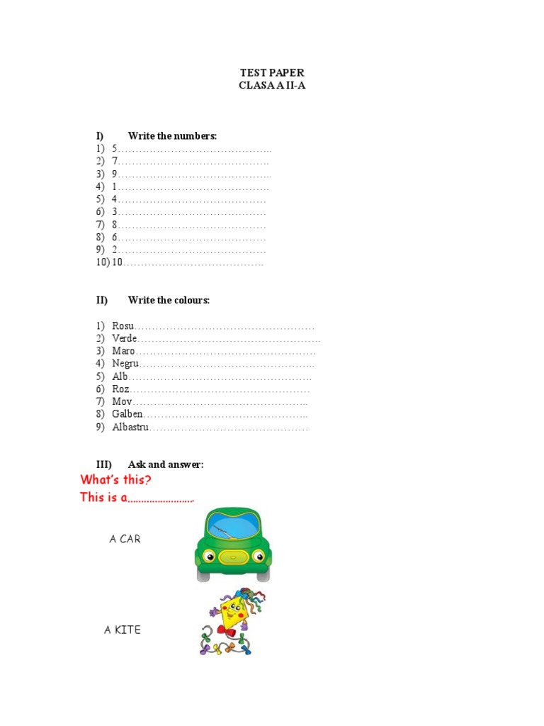 Second Grade Test Paper: Numbers & Colors | PDF | Computers