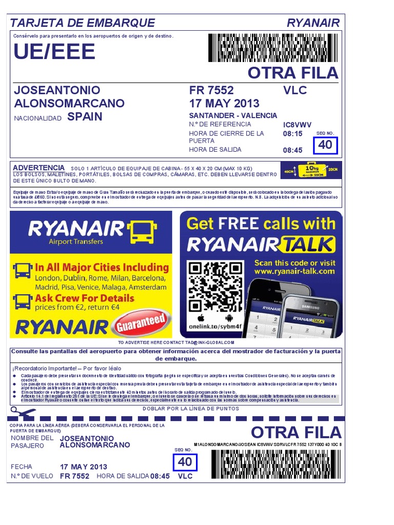 Ryanair Boarding Pass Descargar gratis PDF Aeropuerto Unión Europea