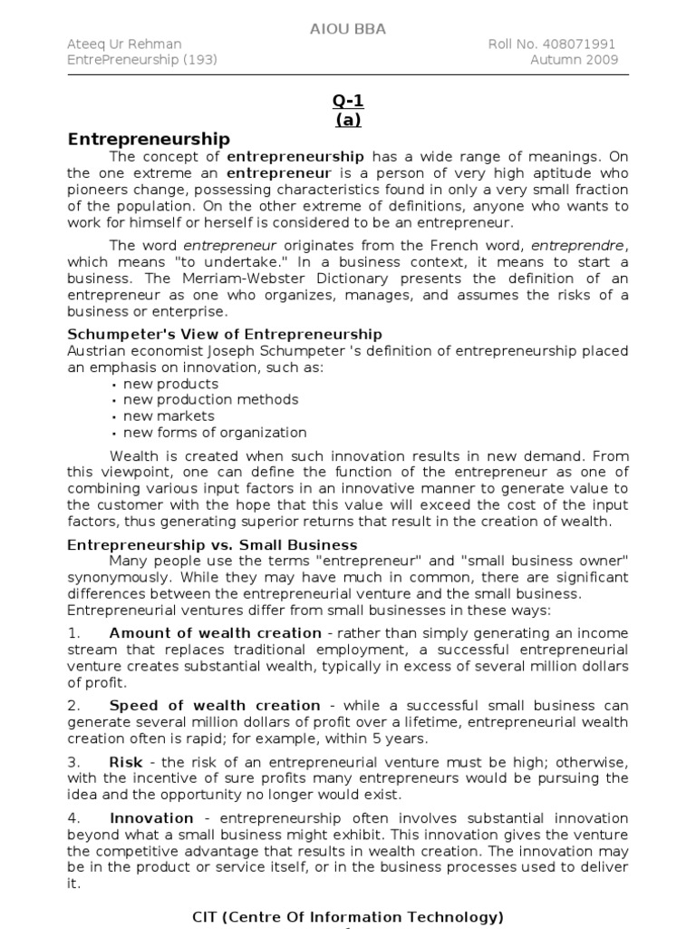 business plan entrepreneurship assignment